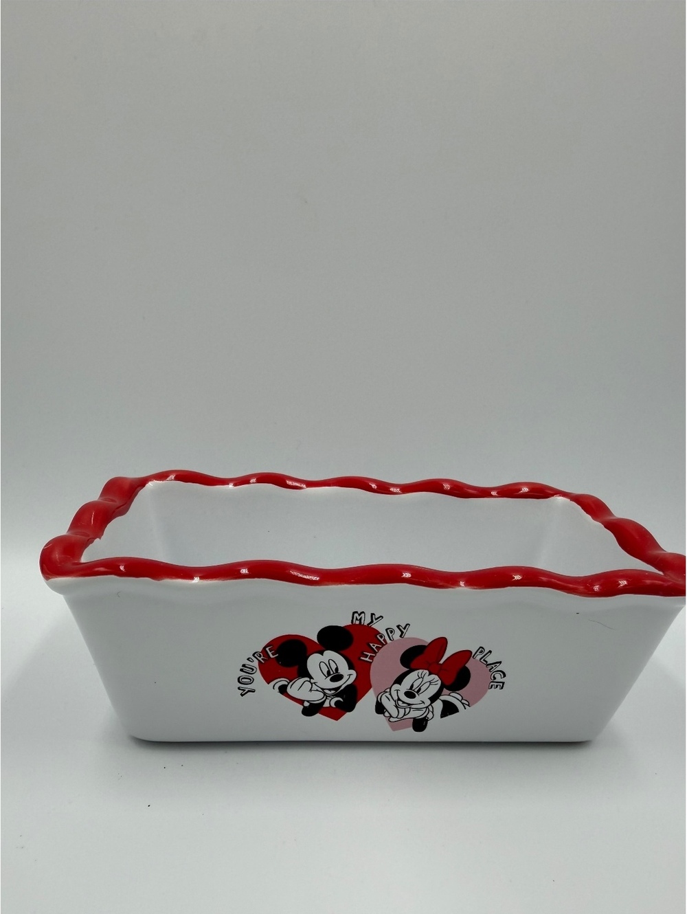 Disney Mickey and Minnie Valentine's ceramic mini loaf baking dish red wavy rim